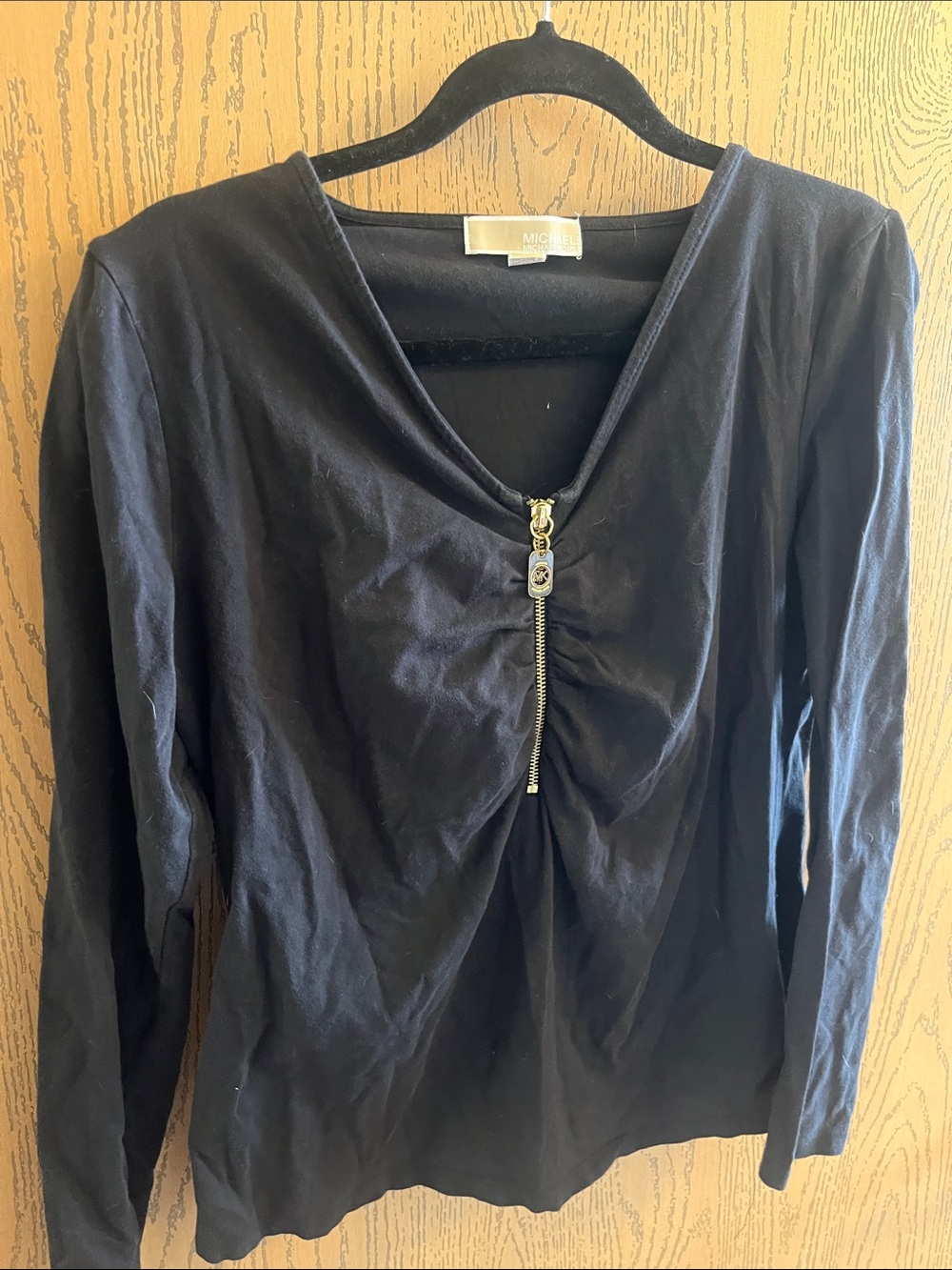 MICHAEL Michael Kors Black Long-Sleeve V-Neck Top with Gold Zip